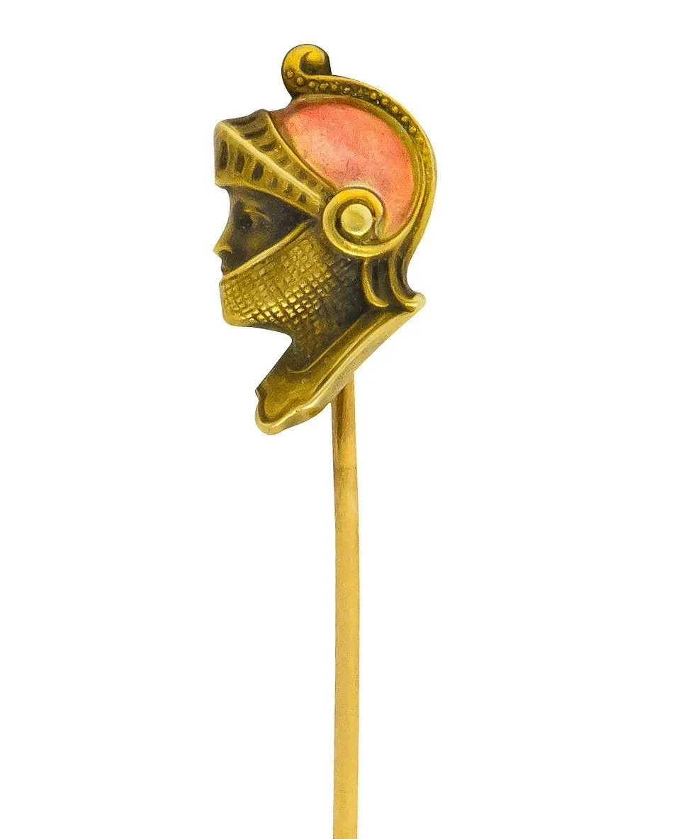 Art Nouveau Enamel 14 Karat Gold Knight Stickpin