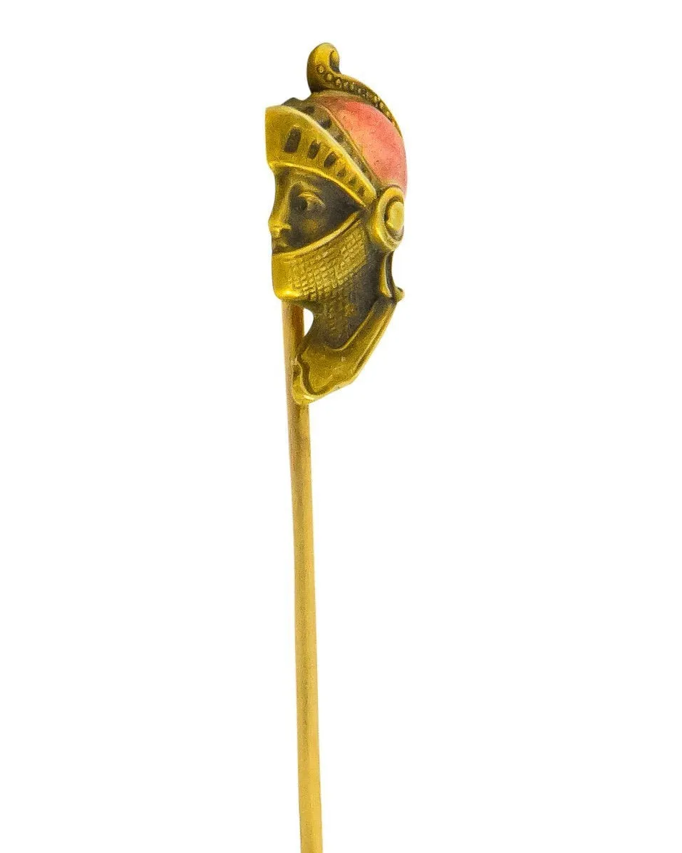 Art Nouveau Enamel 14 Karat Gold Knight Stickpin