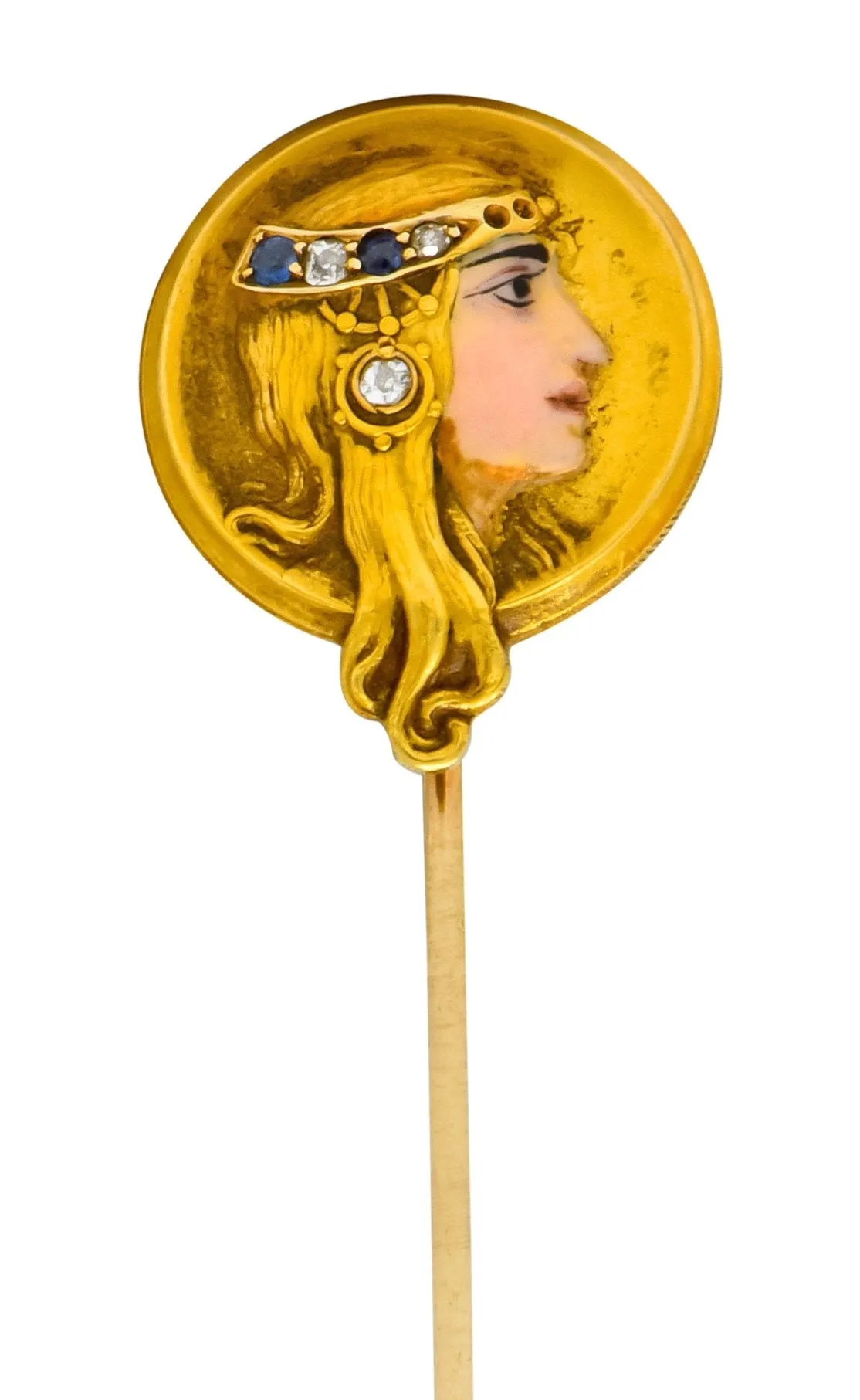 Art Nouveau Enamel Diamond Sapphire 14 Karat Gold Empress Stickpin