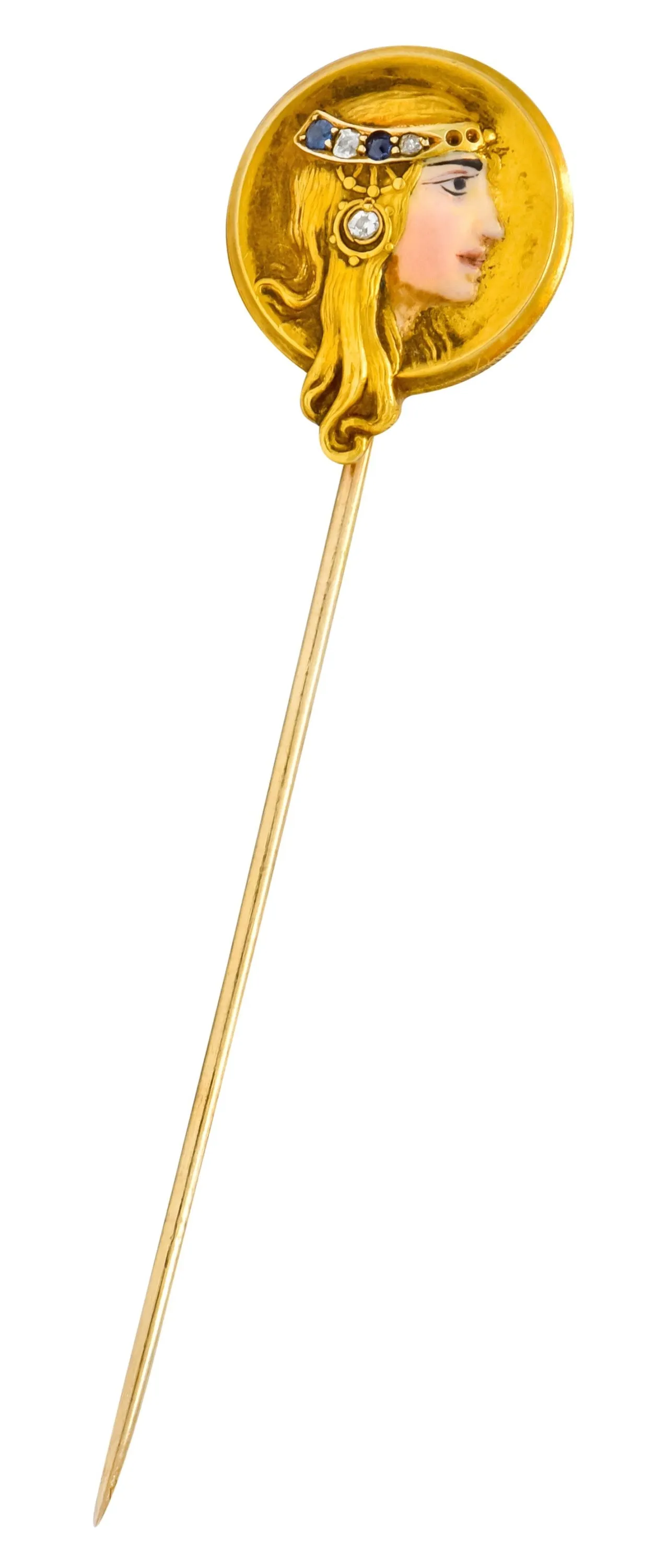 Art Nouveau Enamel Diamond Sapphire 14 Karat Gold Empress Stickpin