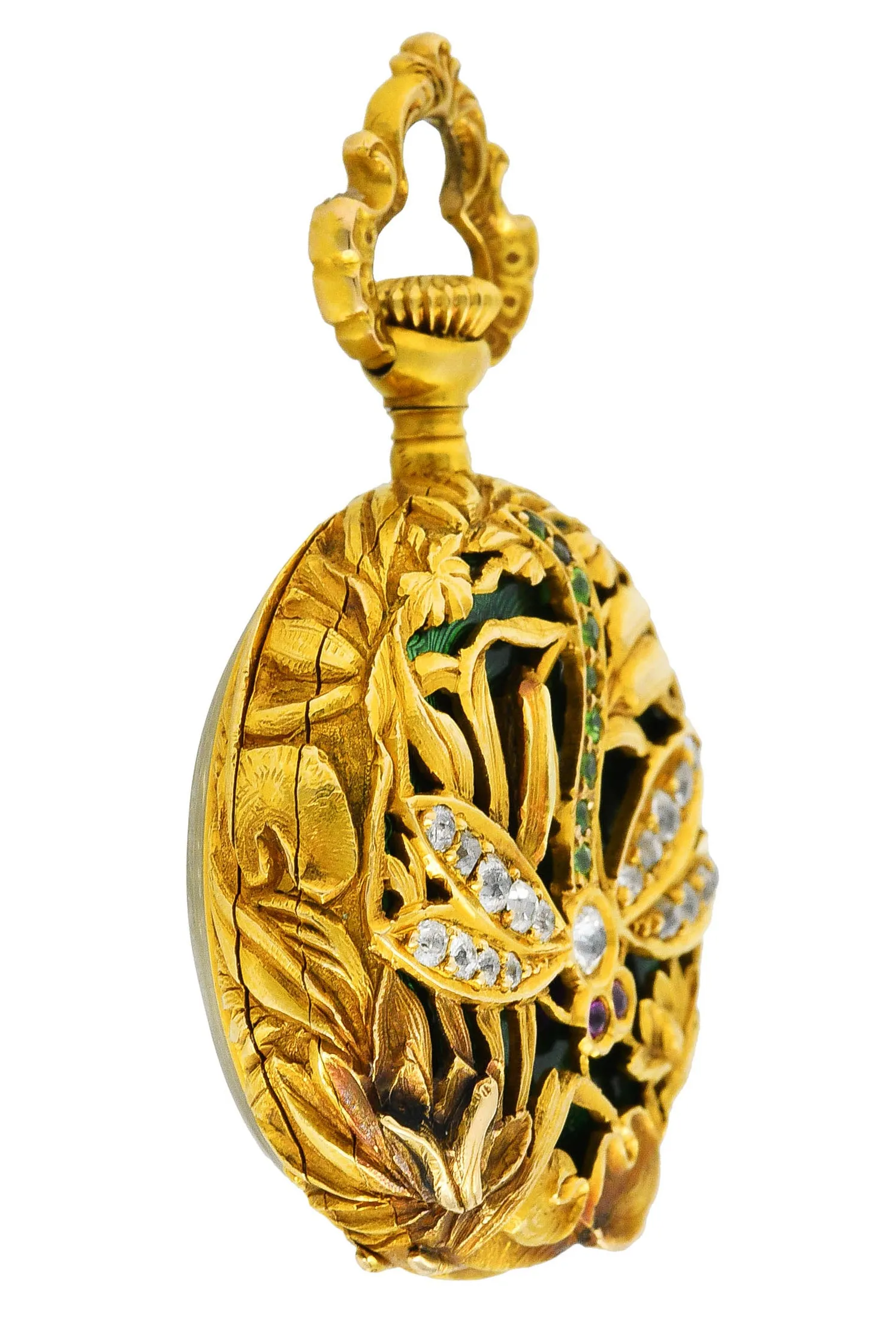 Art Nouveau Guilloche Enamel Diamond Demantoid Garnet 18 Karat Gold Dragonfly Watch