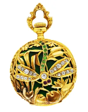 Art Nouveau Guilloche Enamel Diamond Demantoid Garnet 18 Karat Gold Dragonfly Watch Art Nouveau Guilloche Enamel Diamond Demantoid Garnet 18 Karat Gold Dragonfly Watch