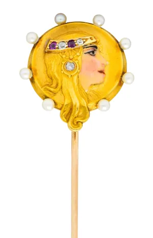 Art Nouveau Pearl Diamond Ruby Enamel 14 Karat Gold Egyptian Princess Stickpin