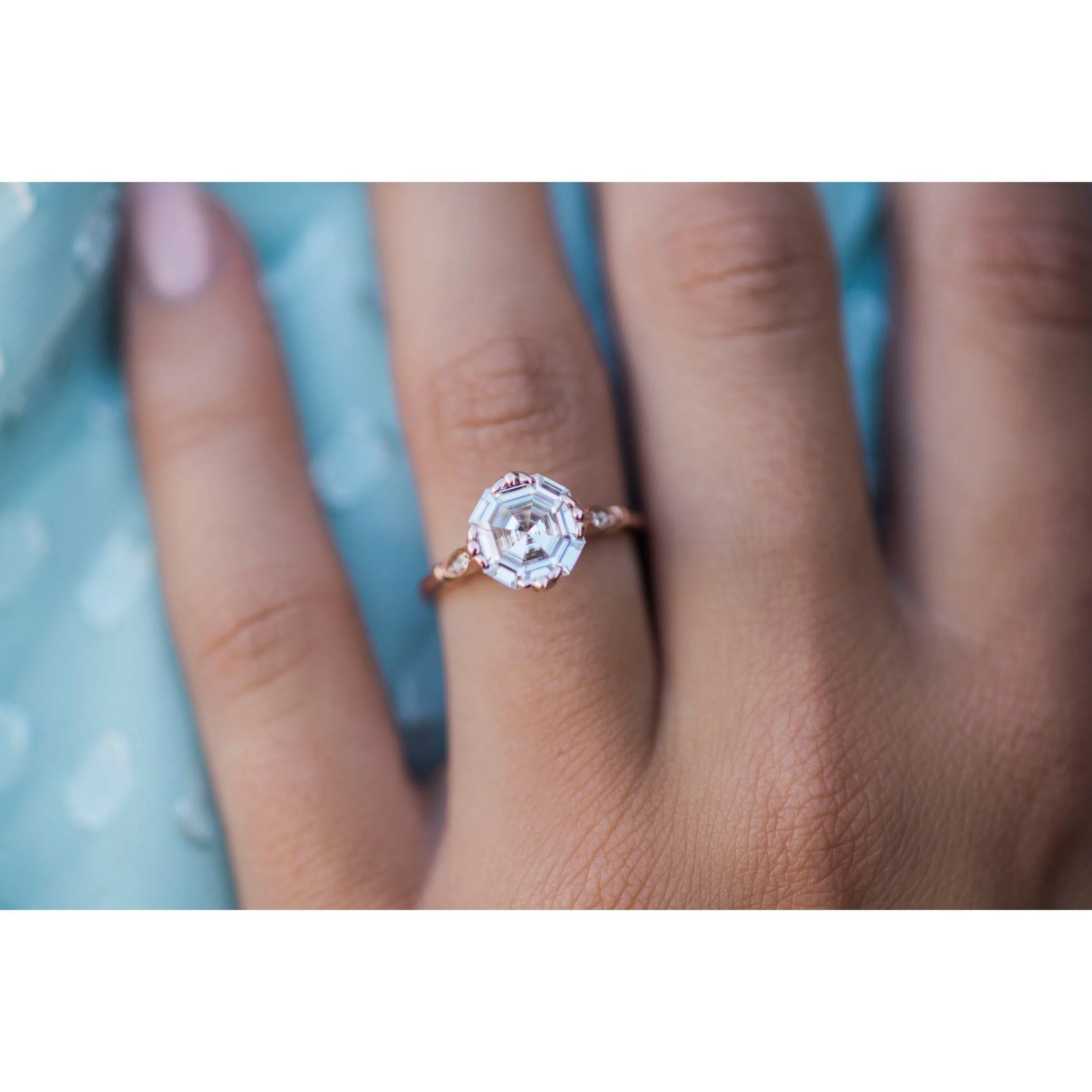 Asscher Moissanite Engagement Ring White Gold Vintage Unique Engagement Ring for women wedding Anniversary Gift halo and thin channel pave