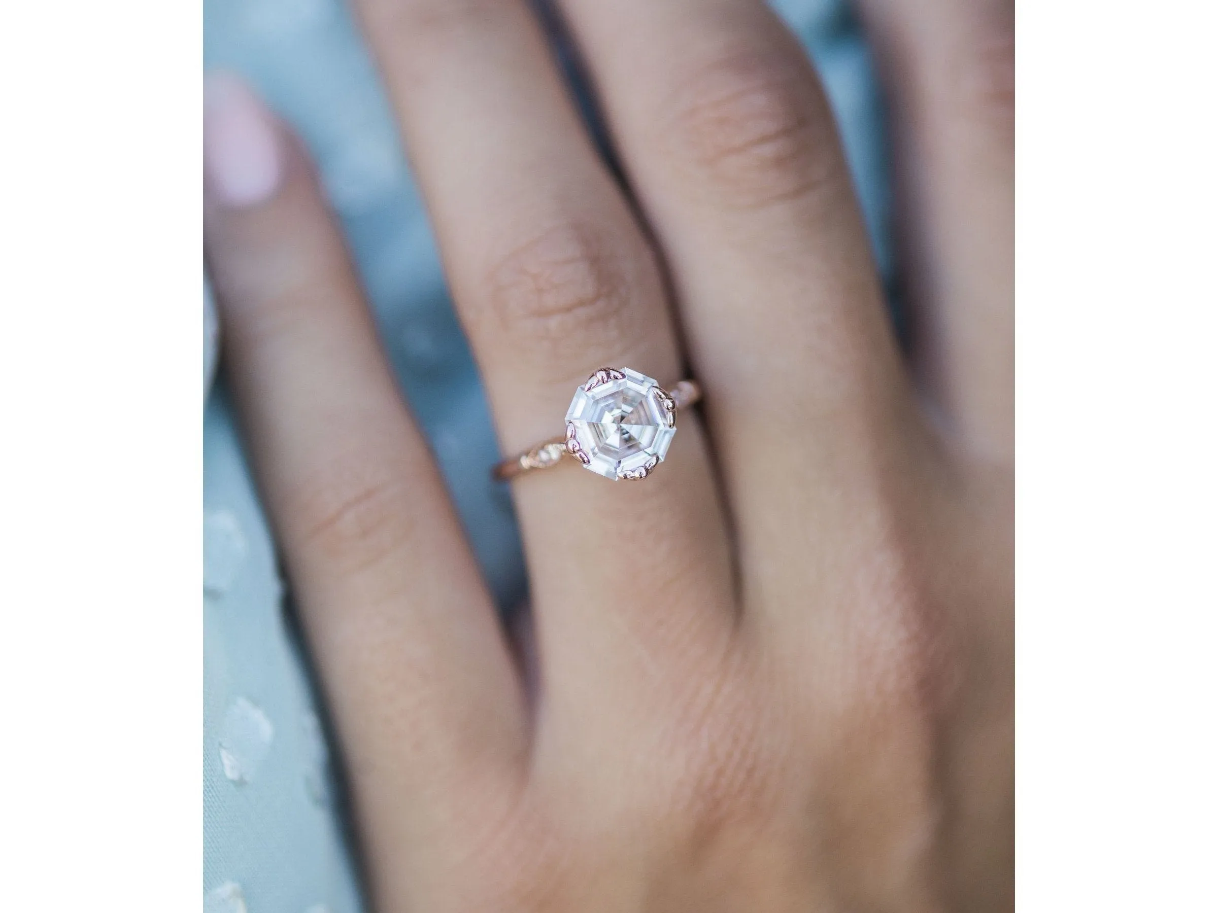 Asscher Moissanite Engagement Ring White Gold Vintage Unique Engagement Ring for women wedding Anniversary Gift halo and thin channel pave