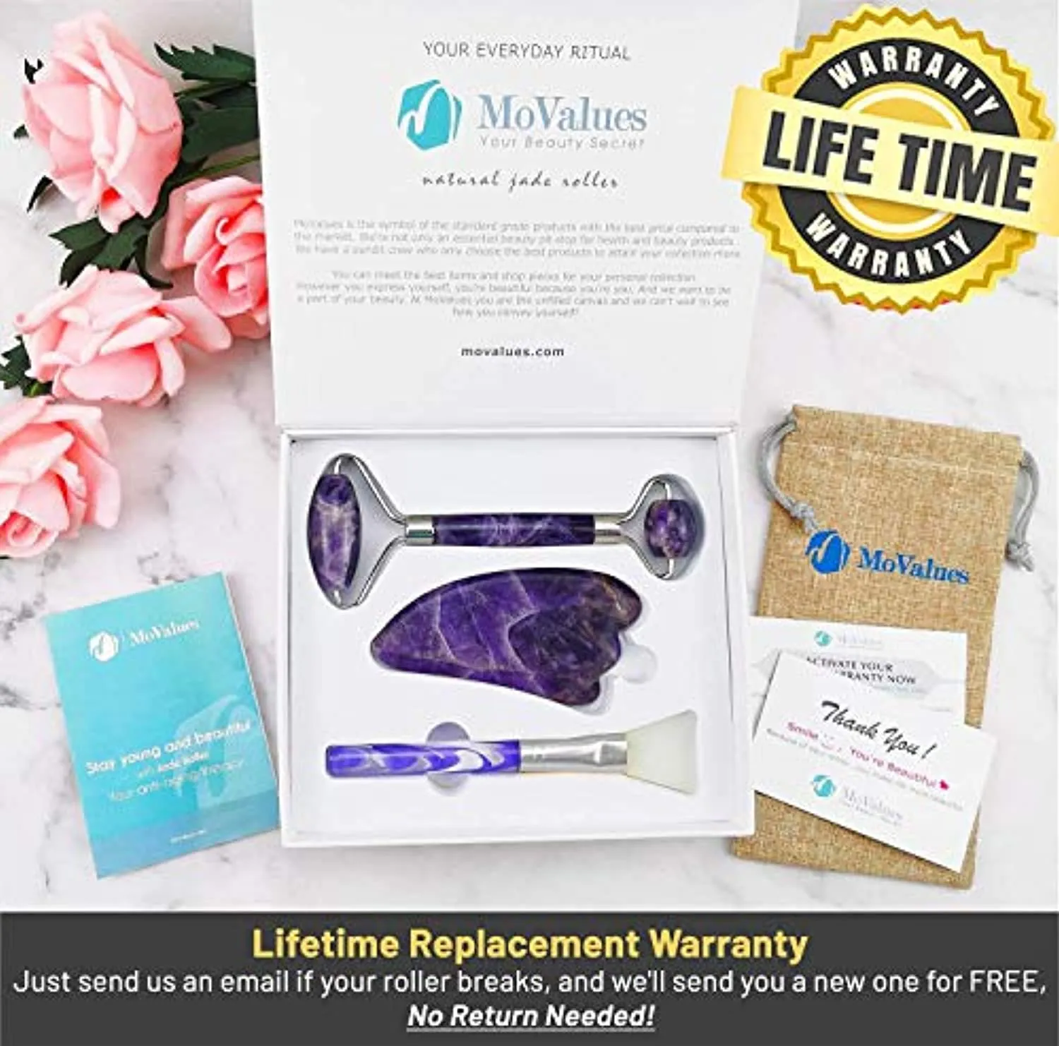 Authentic Amethyst Roller and Gua Sha Set - Jade Roller for Face - Face Roller: 100% Natural Amethyst - Face Massager, Facial Roller for Skin, Eyes, Neck - Authentic, Durable, Natural, No Squeaks