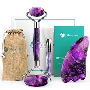 Authentic Amethyst Roller and Gua Sha Set - Jade Roller for Face - Face Roller: 100% Natural Amethyst - Face Massager, Facial Roller for Skin, Eyes, Neck - Authentic, Durable, Natural, No Squeaks