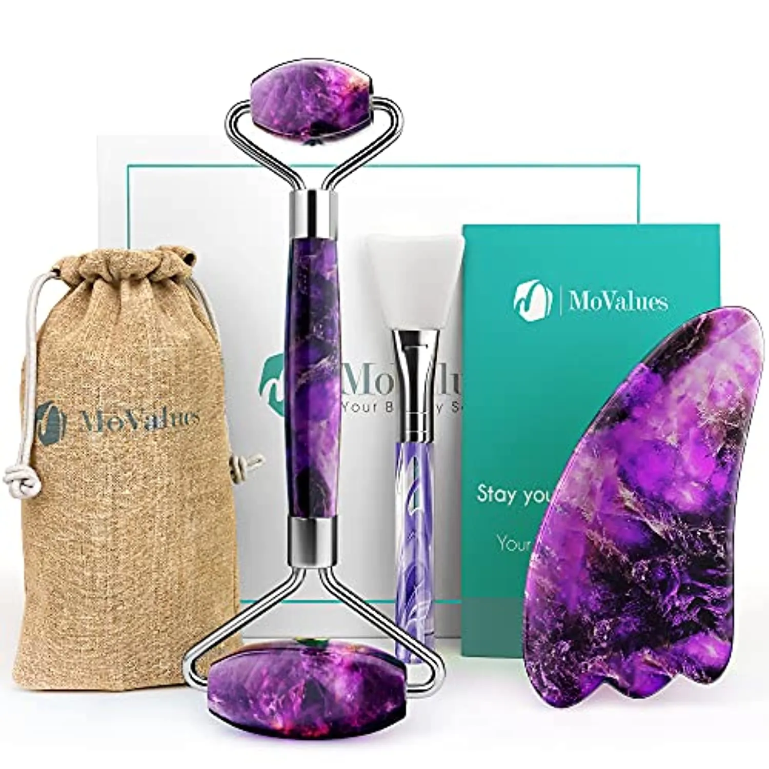 Authentic Amethyst Roller and Gua Sha Set - Jade Roller for Face - Face Roller: 100% Natural Amethyst - Face Massager, Facial Roller for Skin, Eyes, Neck - Authentic, Durable, Natural, No Squeaks