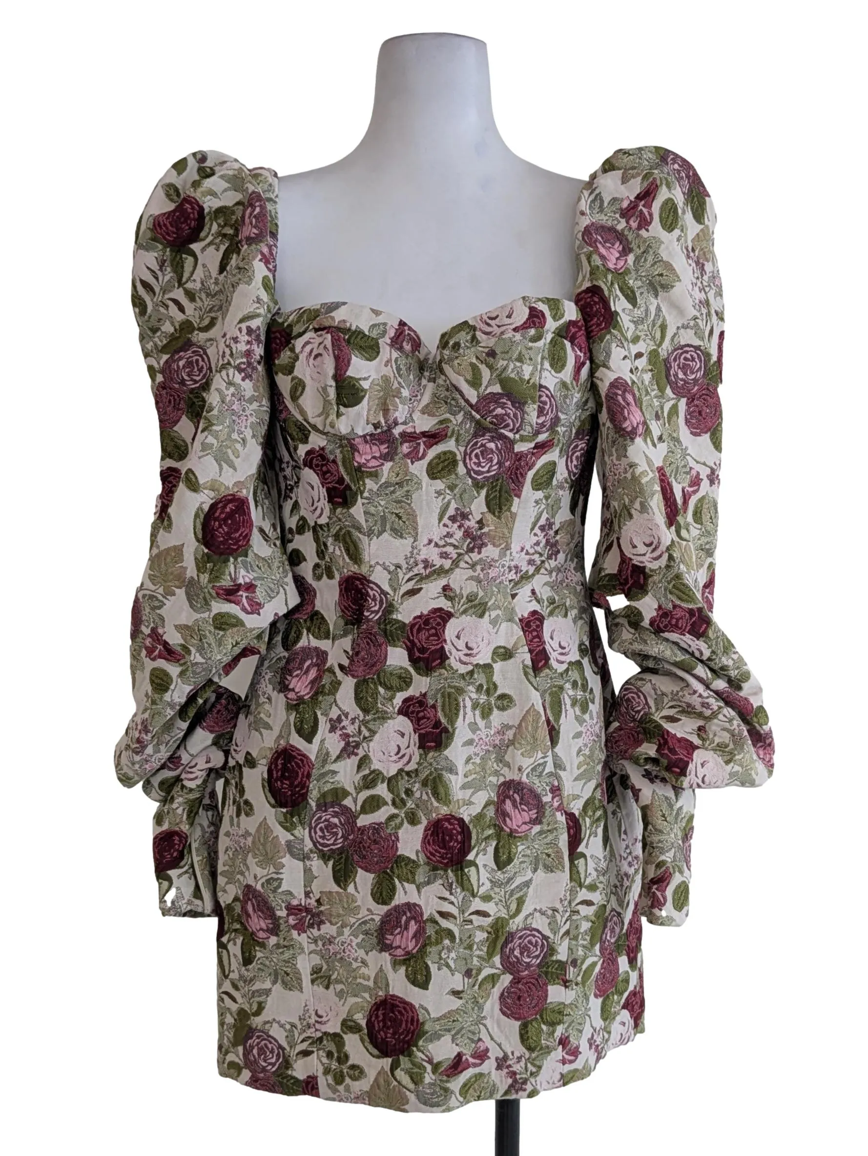 Azie Vintage Floral Jacquard Puff Sleeve Dress