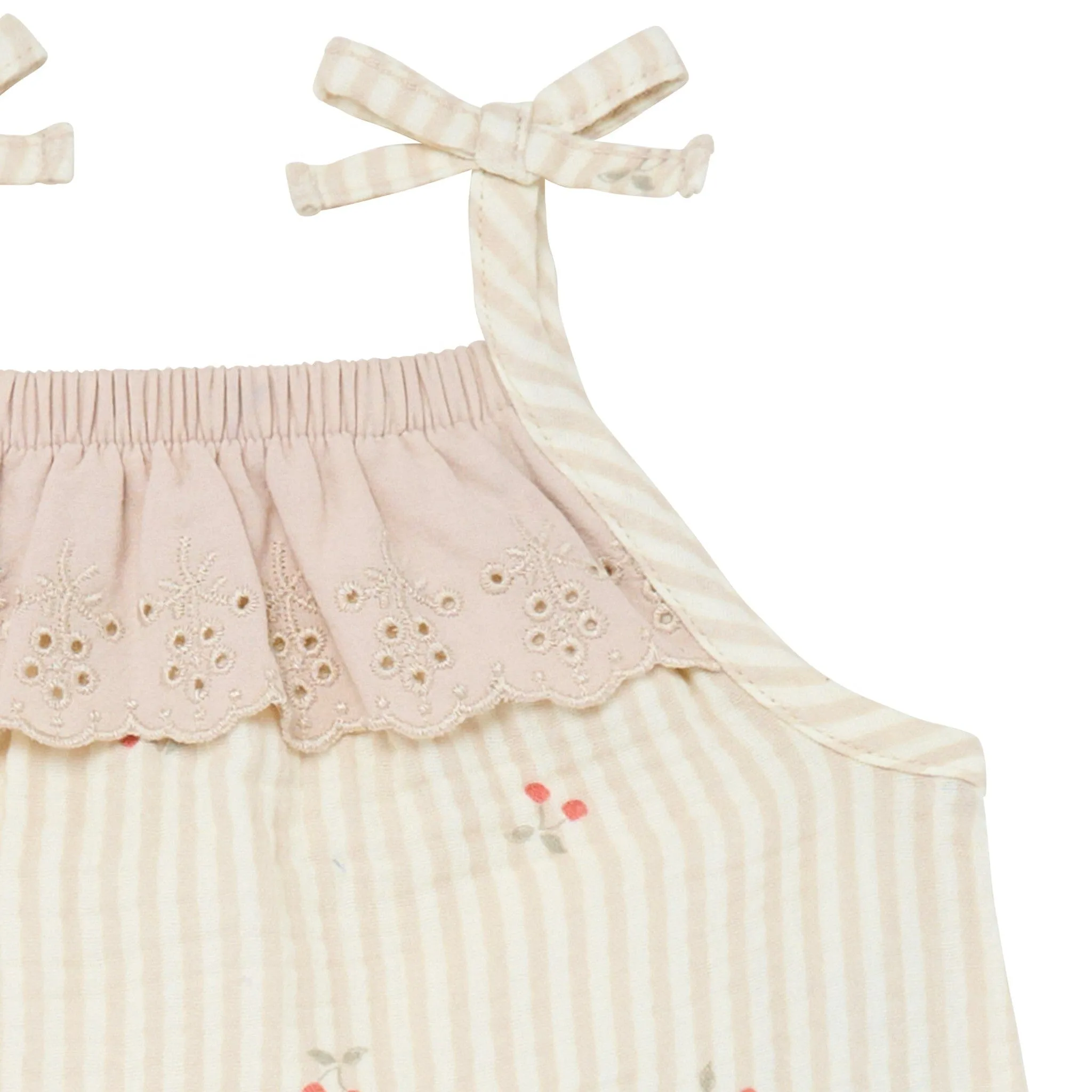 Baby Girls Beige Cherry Stripe Sleeveless Ruffle Romper
