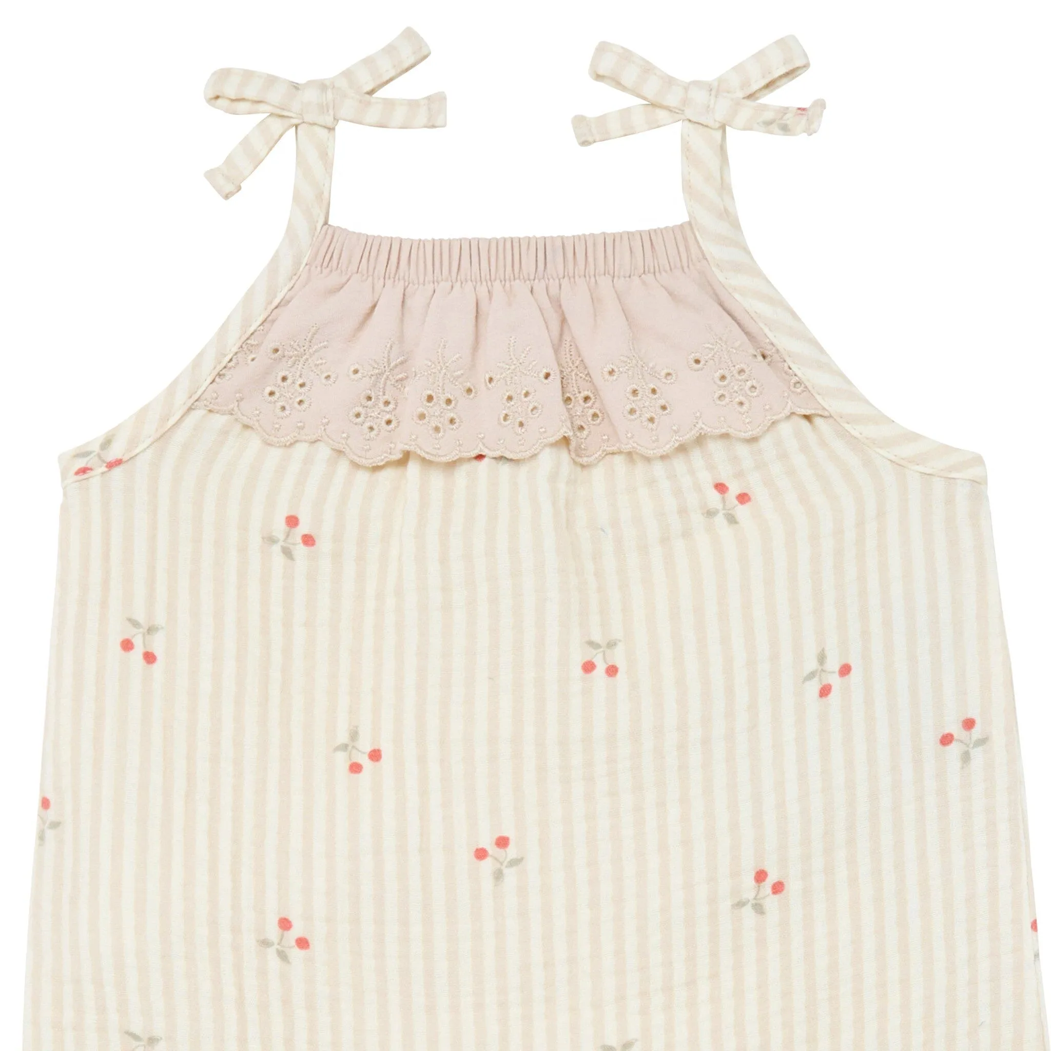 Baby Girls Beige Cherry Stripe Sleeveless Ruffle Romper