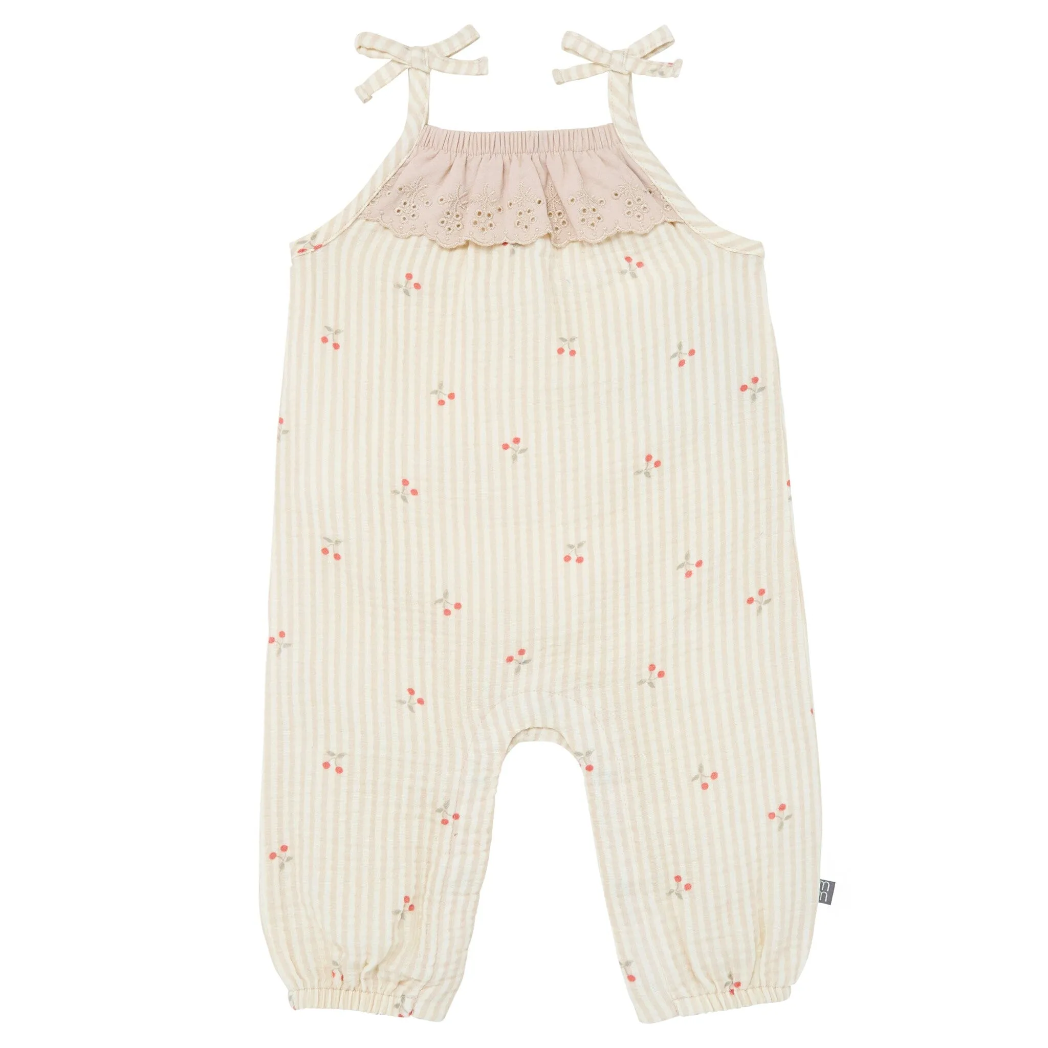 Baby Girls Beige Cherry Stripe Sleeveless Ruffle Romper