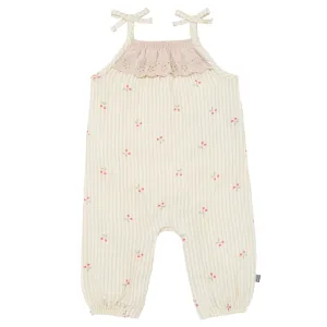 Baby Girls Beige Cherry Stripe Sleeveless Ruffle Romper