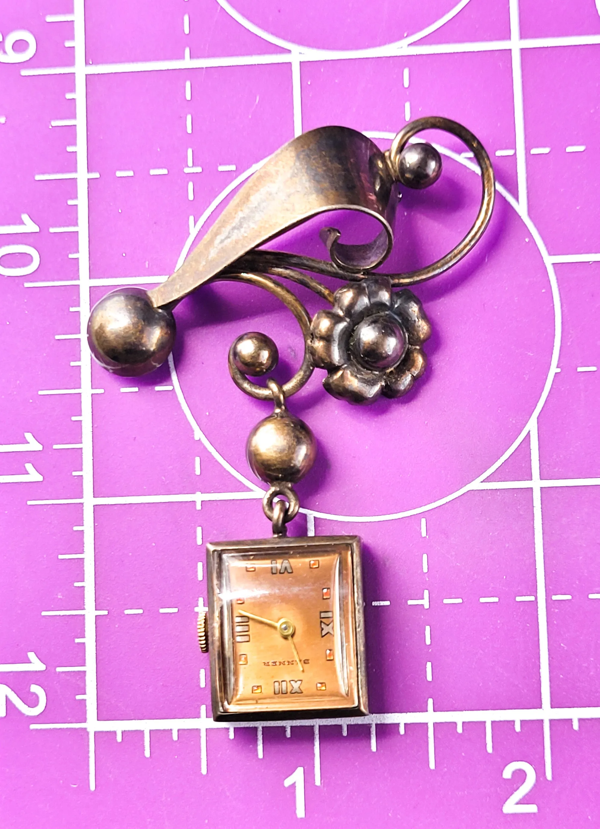 Banner 7 Jewel gold over sterling silver vintage pocket watch brooch For Repair