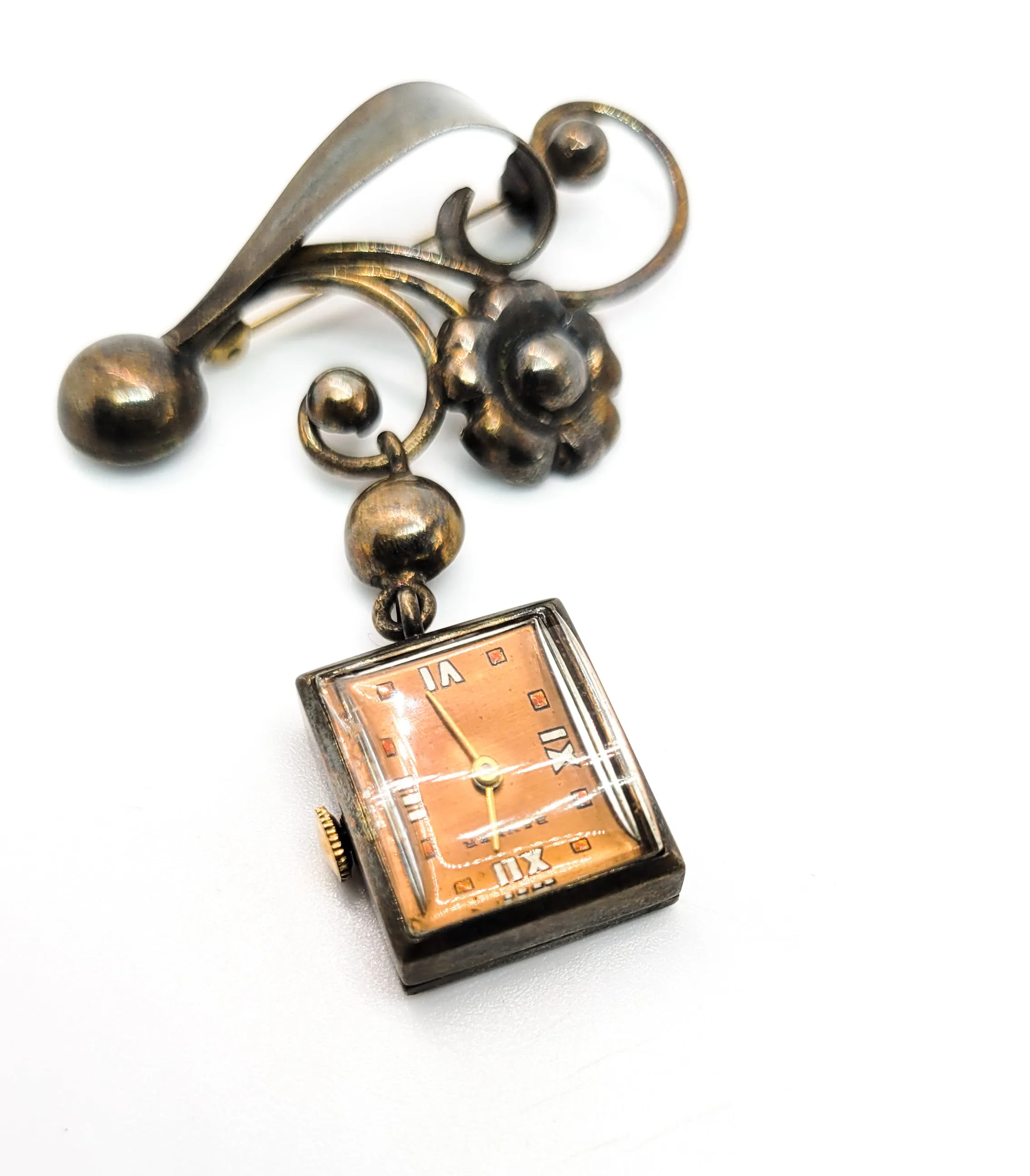 Banner 7 Jewel gold over sterling silver vintage pocket watch brooch For Repair