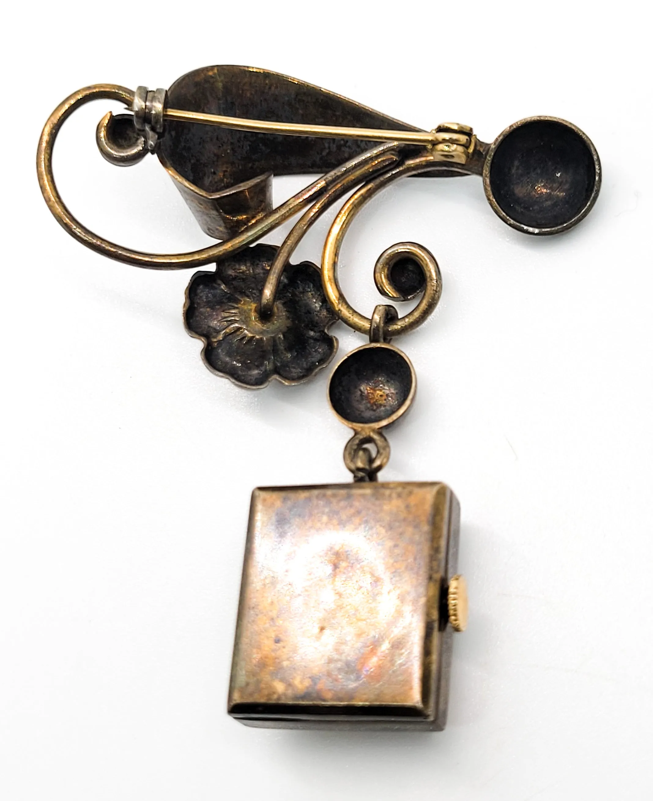 Banner 7 Jewel gold over sterling silver vintage pocket watch brooch For Repair