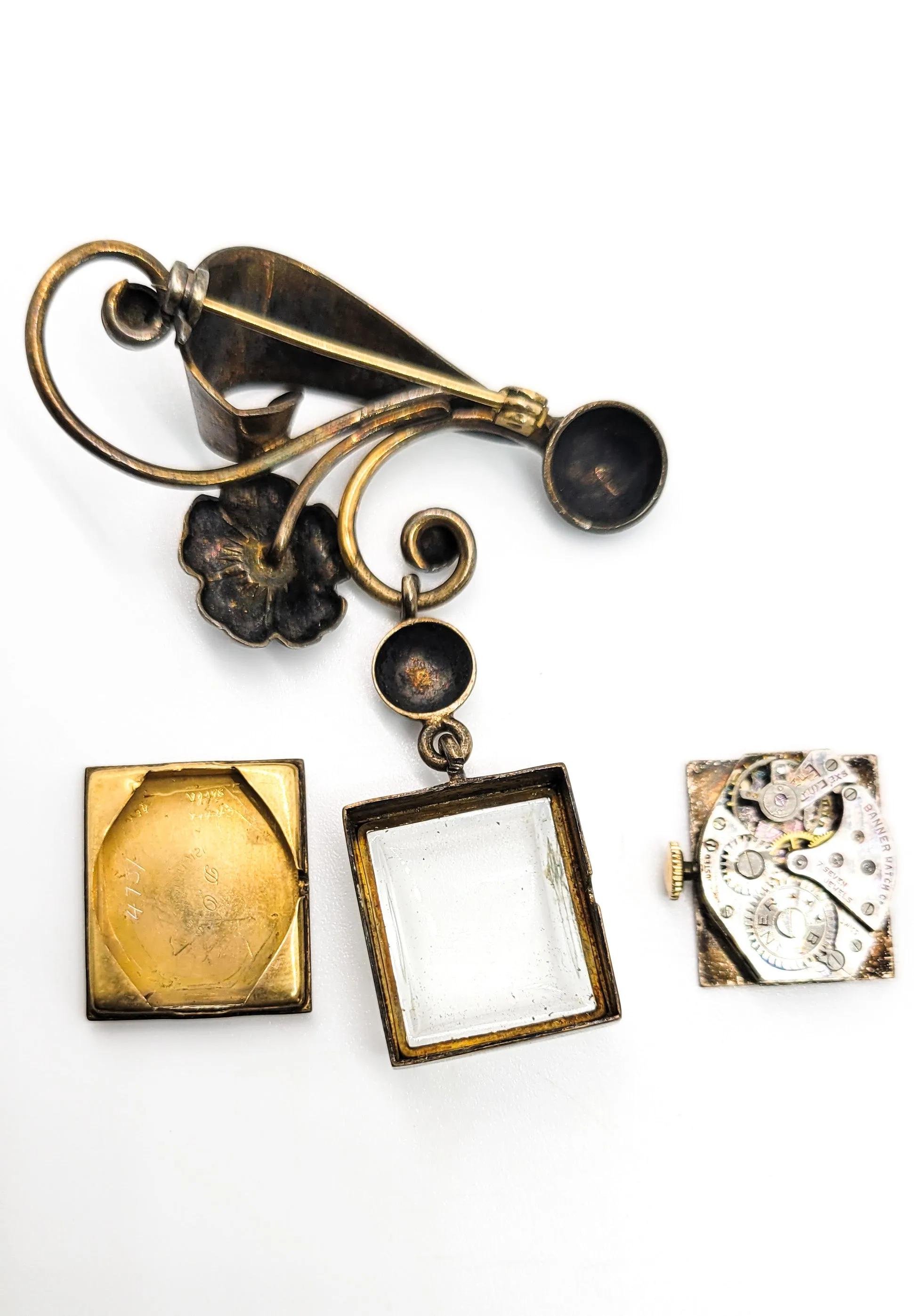 Banner 7 Jewel gold over sterling silver vintage pocket watch brooch For Repair