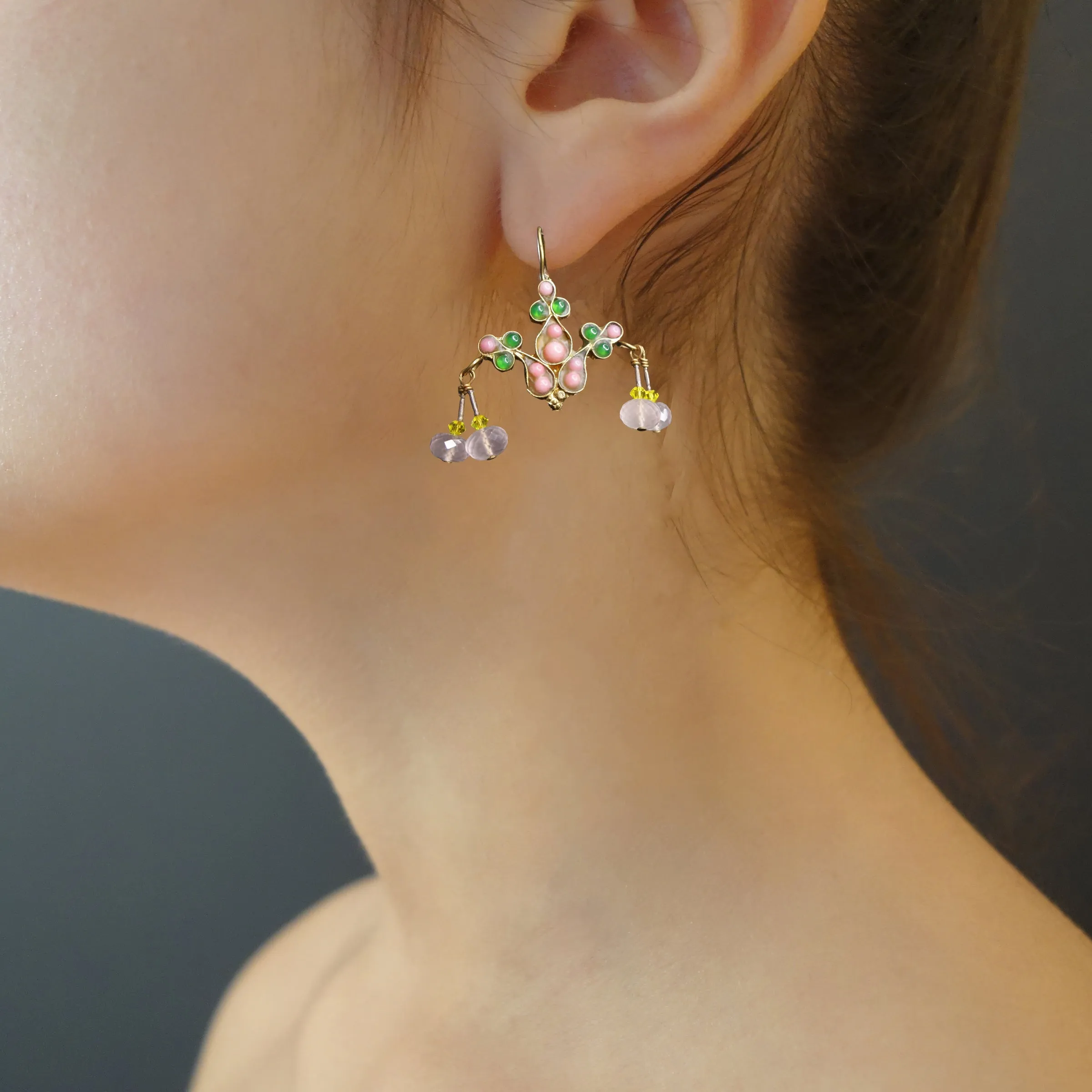 Barbara's Awakening: rose quartz and green onyx earrings