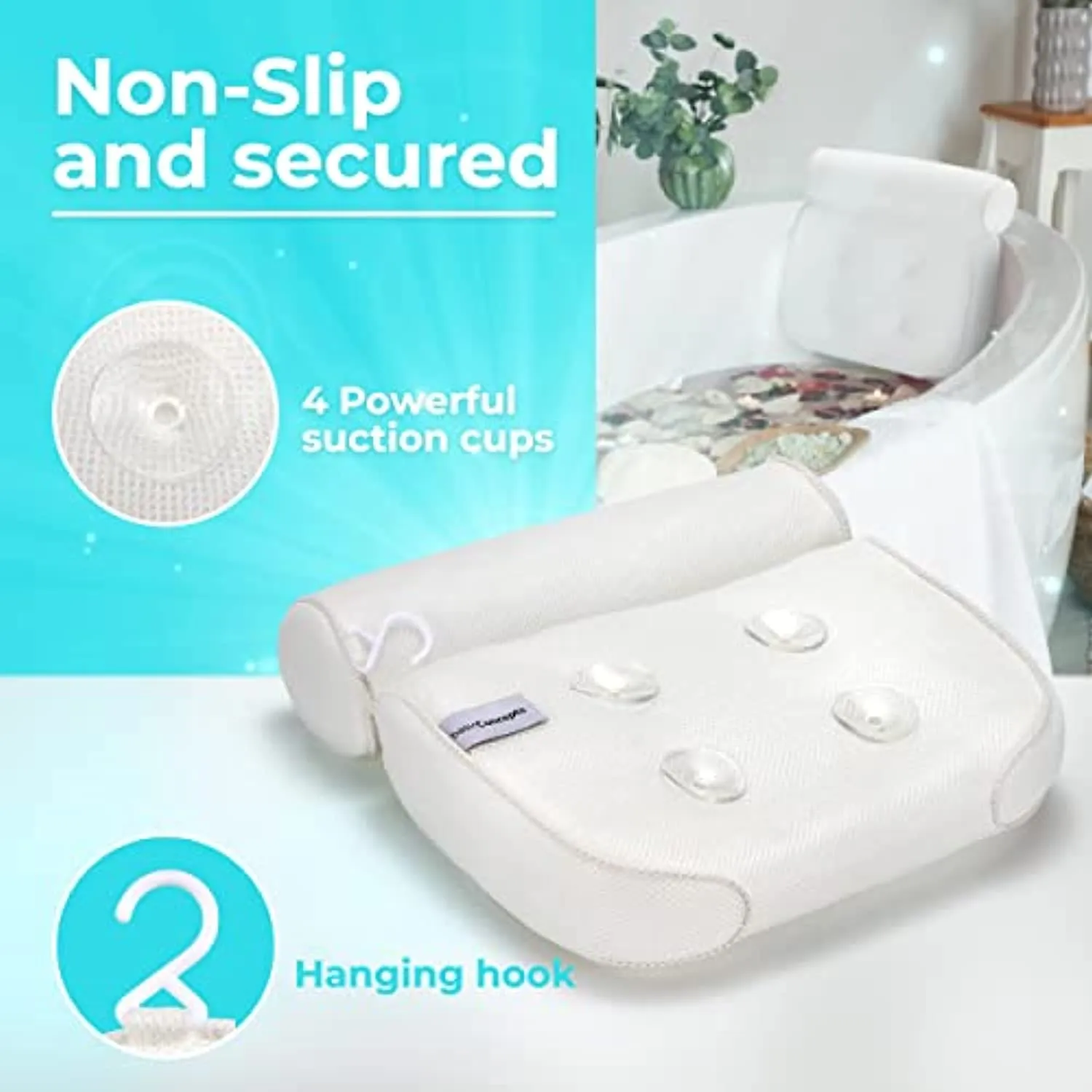 Bath Pillow (Non Slip), Relaxing Bath Pillows for Tub Neck and Back Support, Luxury Bathtub Pillow Headrest Cushion, Bath Tub Pillow Neck Head, Bath Accessories Women, Spa Jacuzzi Hot Tub Pillow Rest