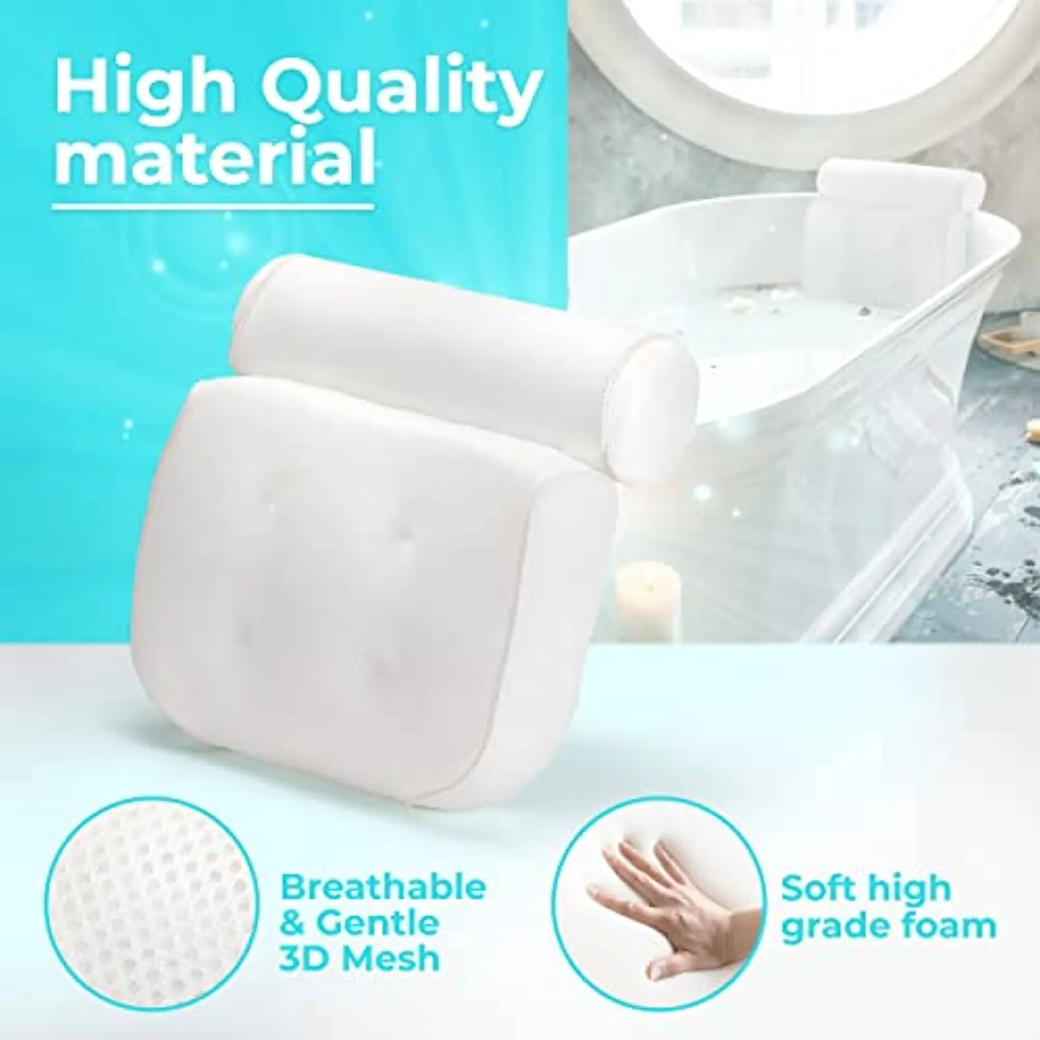 Bath Pillow (Non Slip), Relaxing Bath Pillows for Tub Neck and Back Support, Luxury Bathtub Pillow Headrest Cushion, Bath Tub Pillow Neck Head, Bath Accessories Women, Spa Jacuzzi Hot Tub Pillow Rest