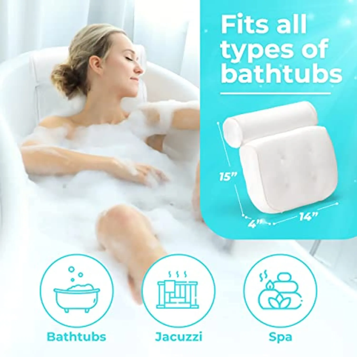 Bath Pillow (Non Slip), Relaxing Bath Pillows for Tub Neck and Back Support, Luxury Bathtub Pillow Headrest Cushion, Bath Tub Pillow Neck Head, Bath Accessories Women, Spa Jacuzzi Hot Tub Pillow Rest