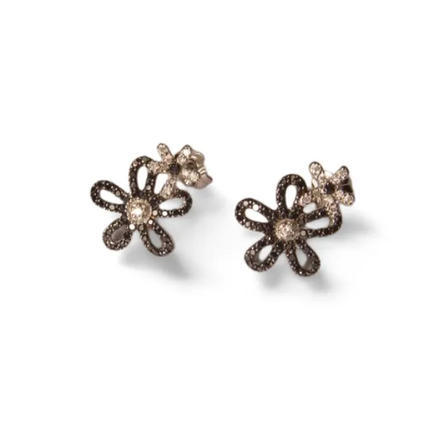 Beautiful 14K White Gold Pave Black and White Diamond Floral Flower Earrings