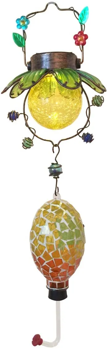 Beautiful Solar Hand Crafted Mosaic Hummingbird Feeder! Glowing LED lights inside the crackled glass bulb.
