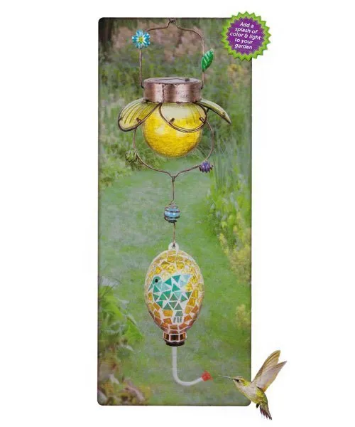 Beautiful Solar Hand Crafted Mosaic Hummingbird Feeder! Glowing LED lights inside the crackled glass bulb.