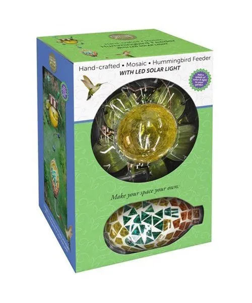 Beautiful Solar Hand Crafted Mosaic Hummingbird Feeder! Glowing LED lights inside the crackled glass bulb.