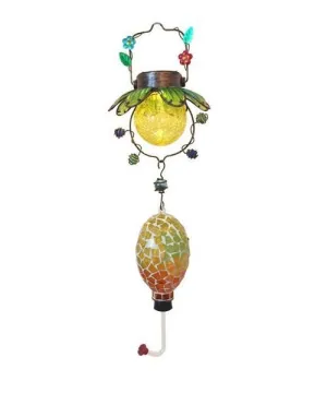 Beautiful Solar Hand Crafted Mosaic Hummingbird Feeder! Glowing LED lights inside the crackled glass bulb.