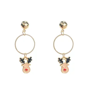 Beige Enamel & 18K Gold-Plated Reindeer Circle Drop Earrings