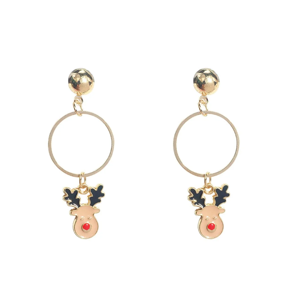 Beige Enamel & 18K Gold-Plated Reindeer Circle Drop Earrings