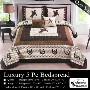 Beige Rearing Horse Cowboy Rider 5 Piece Extended Quilt Bedding Set