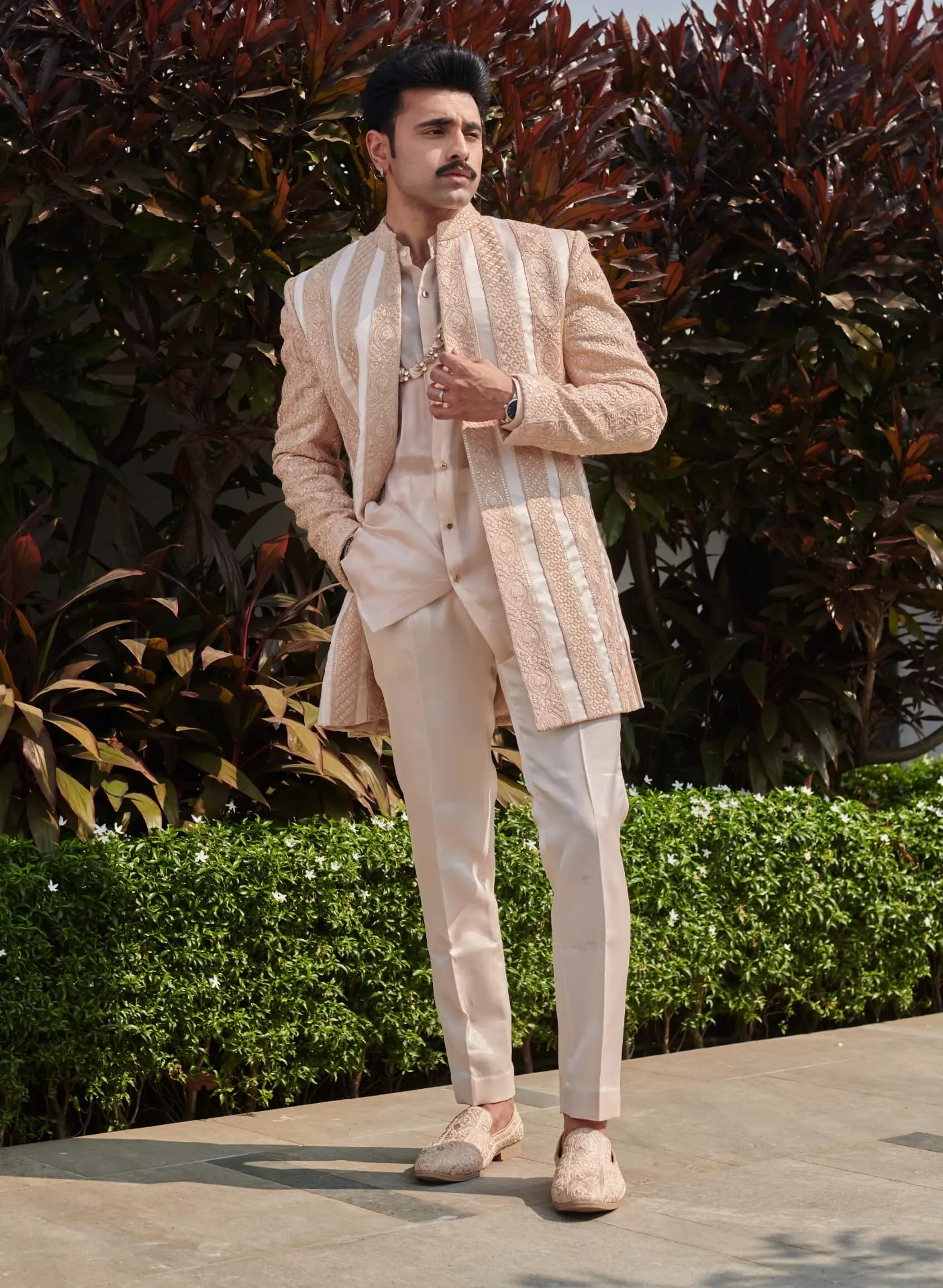 Beige short open-front jacket and pant set