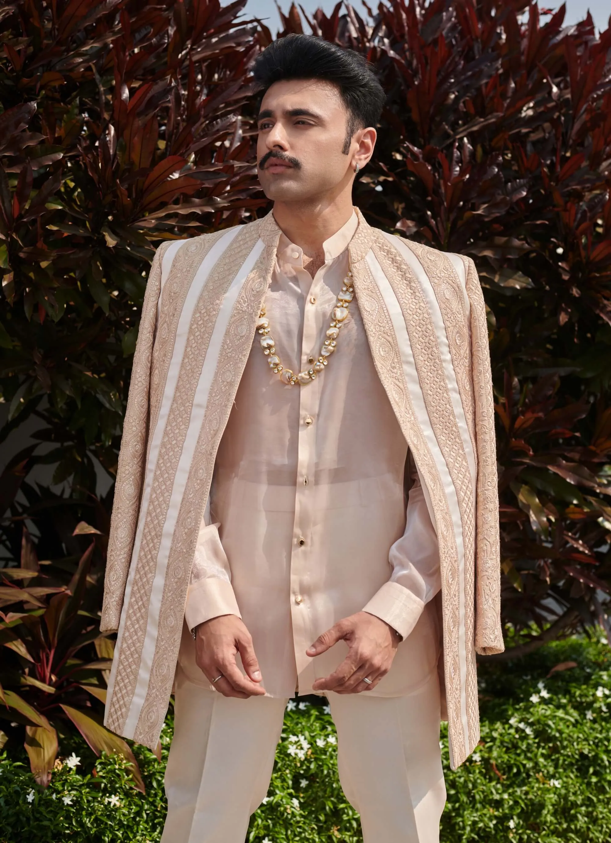 Beige short open-front jacket and pant set