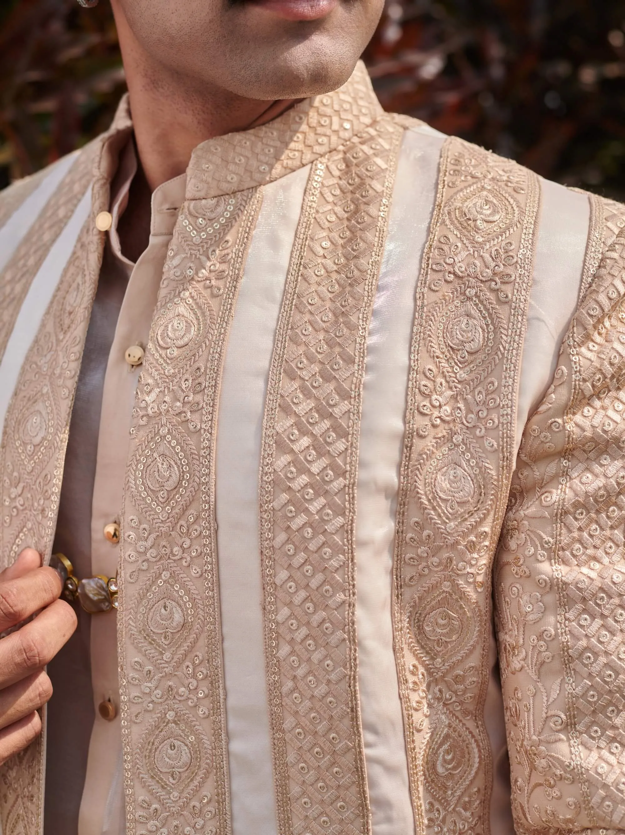 Beige short open-front jacket and pant set