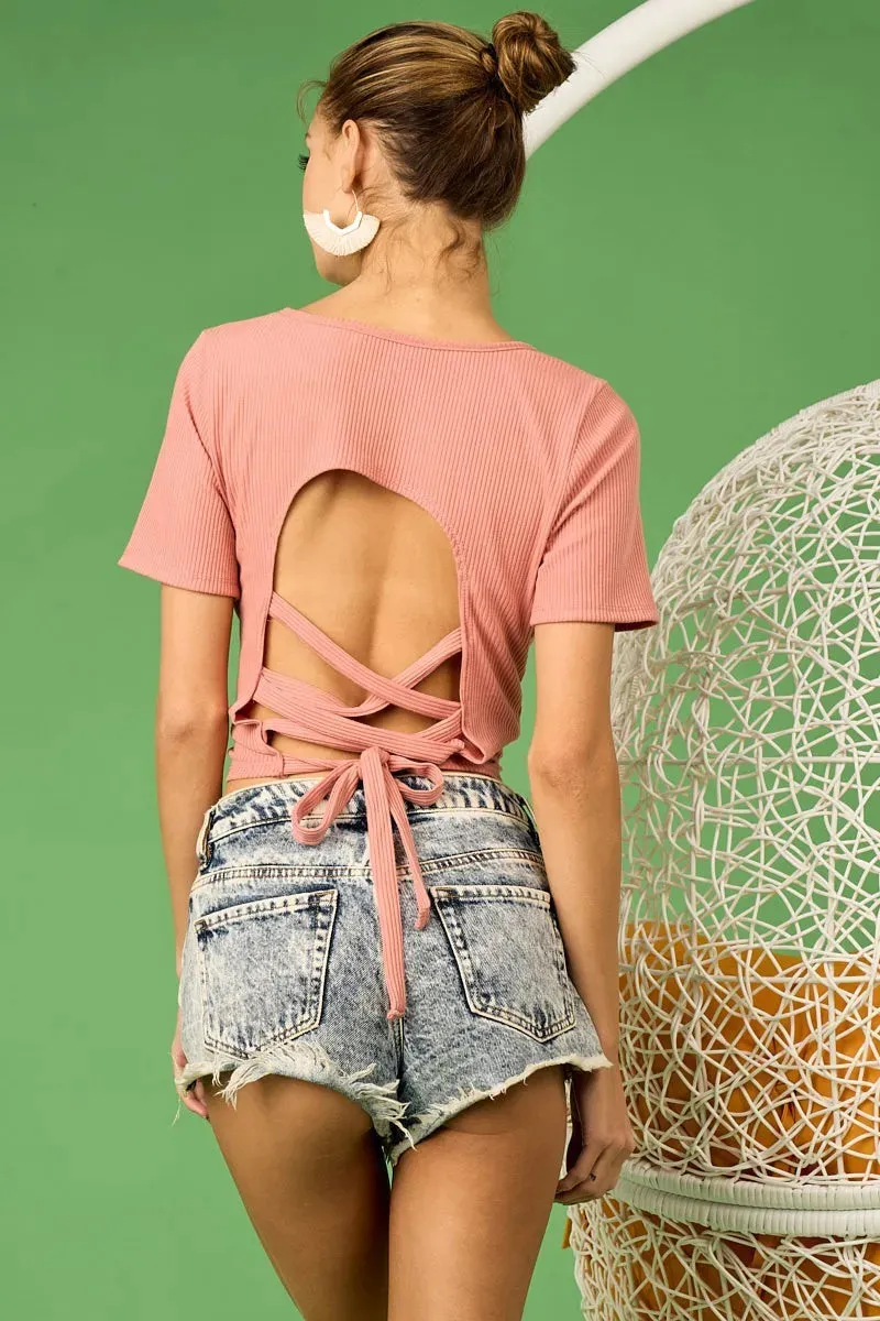 BiBi Rib Knit with Back Cross and Tied Detailed Top
