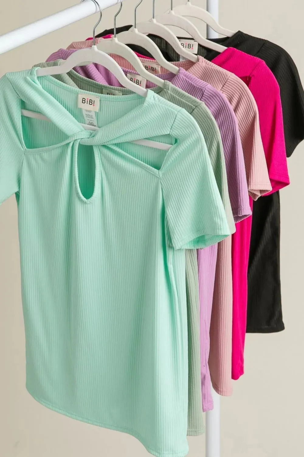 BiBi Rib Knit with Cut Out and Front Twist Detailed Top