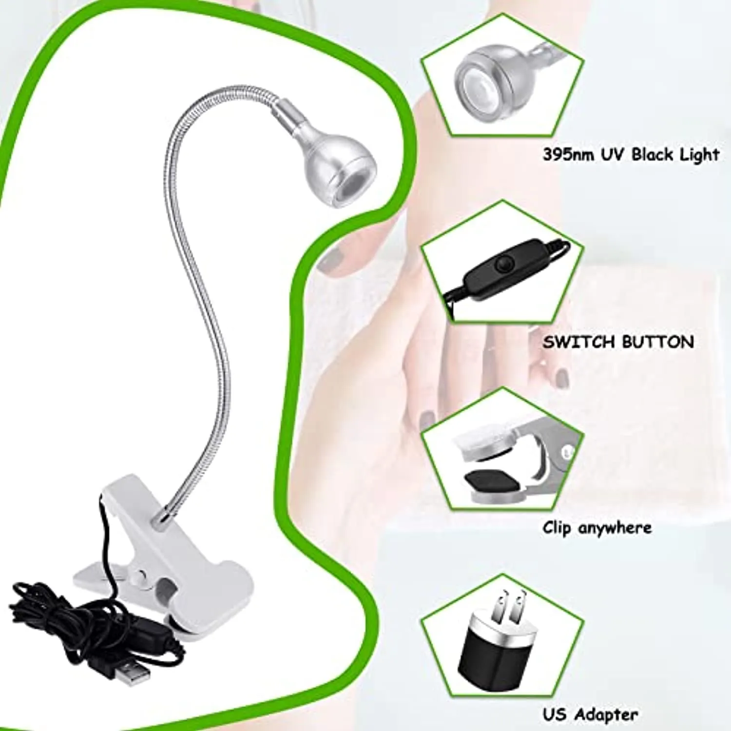 Big Chip 395 nm UV LED Light Fixtures with Gooseneck and Clamp for UV Gel Nail Curing with UV LED Nail Lamp for Gel Nails and Adapter USB Charger Block (Silver)