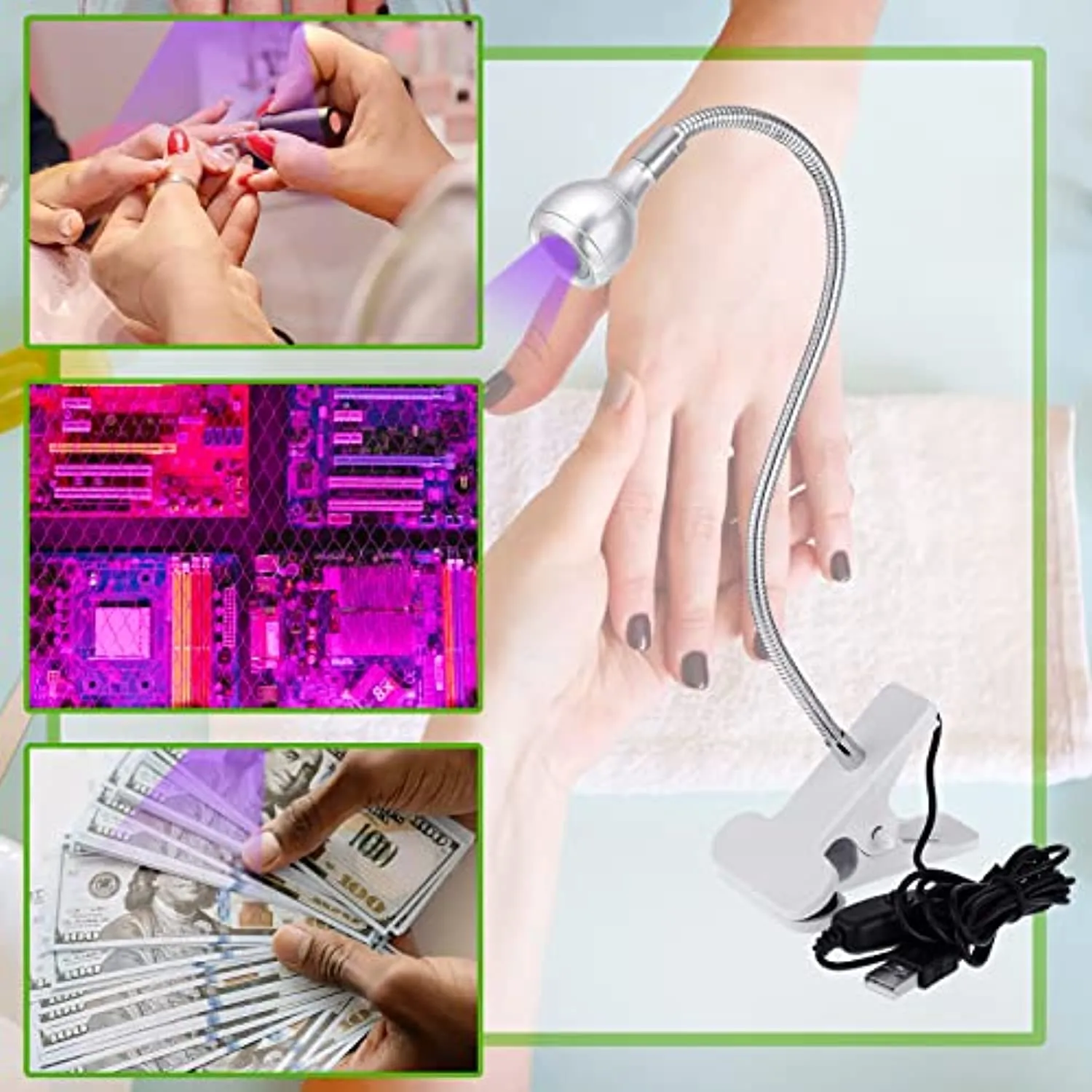 Big Chip 395 nm UV LED Light Fixtures with Gooseneck and Clamp for UV Gel Nail Curing with UV LED Nail Lamp for Gel Nails and Adapter USB Charger Block (Silver)
