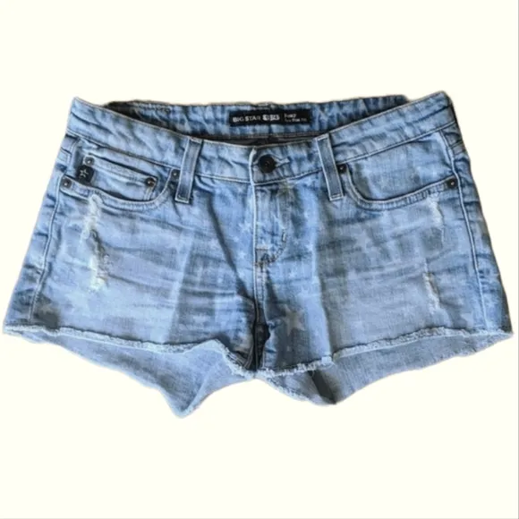 BIG STAR Remy Low Rise Fit cut-off distressed frayed denim shorts stars sz25 EUC