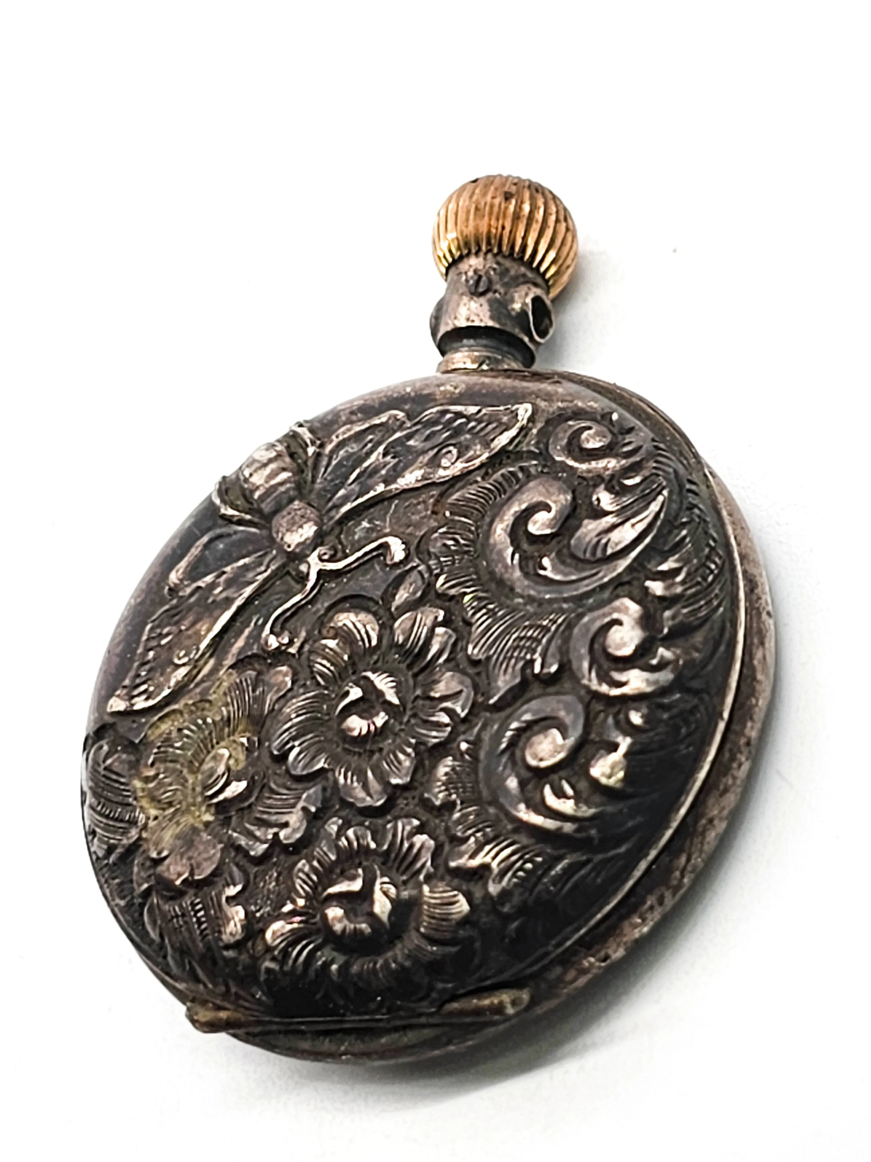 Bijou Bee and flower garden motif antique 900 silver pocket watch non working