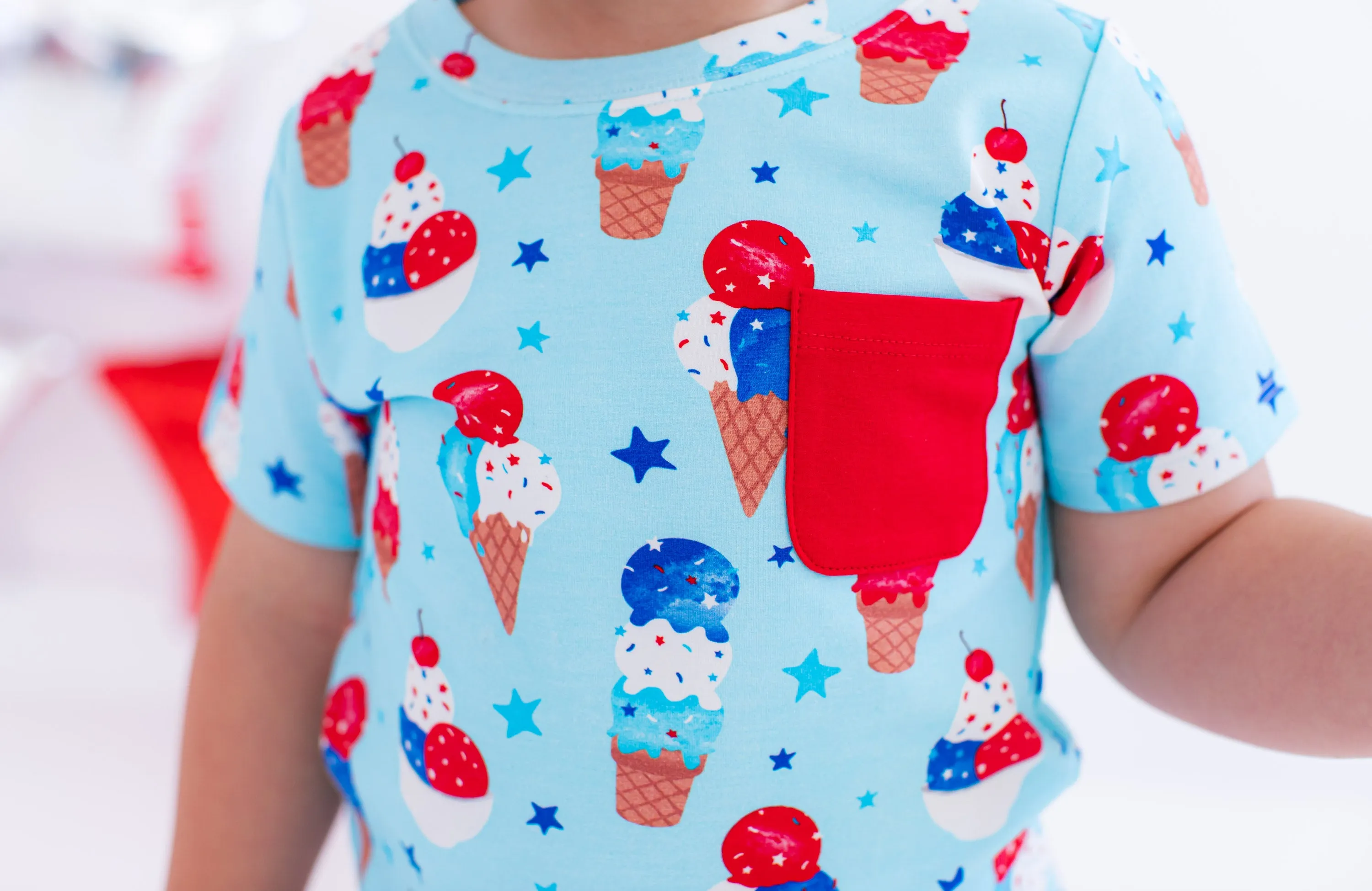 Birdie Bean Carter Blue Ice Cream Cones 4th of July Print Kids Pocket T-shirt