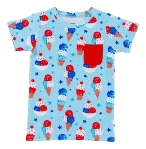 Birdie Bean Carter Blue Ice Cream Cones 4th of July Print Kids Pocket T-shirt