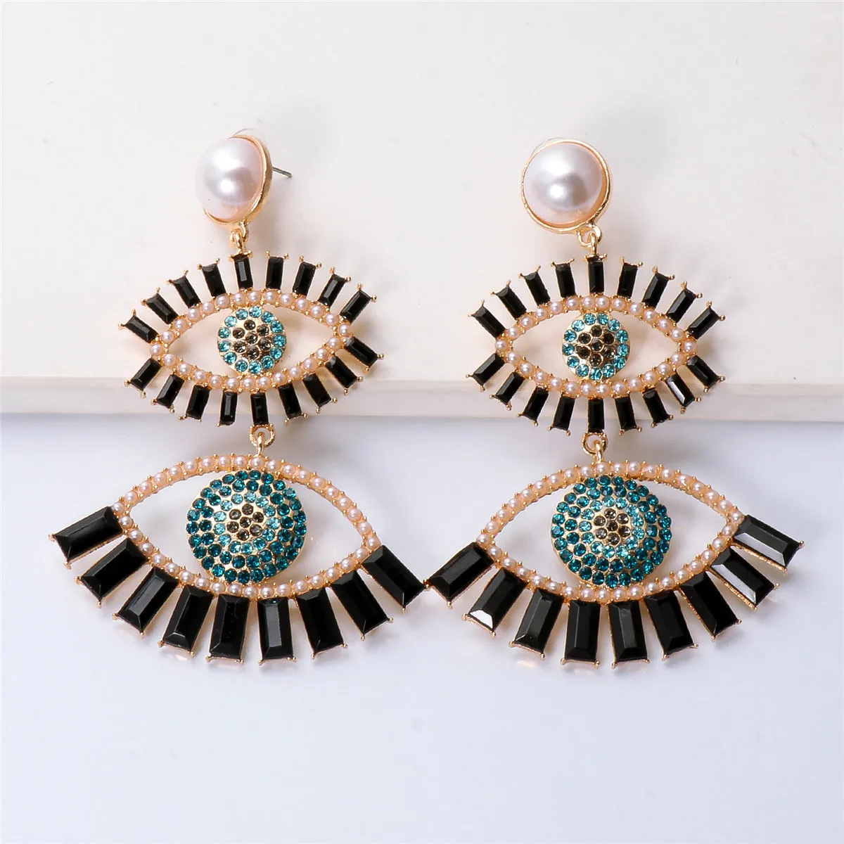Black Crystal & Cubic Zirconia Evil Eye Drop Earrings