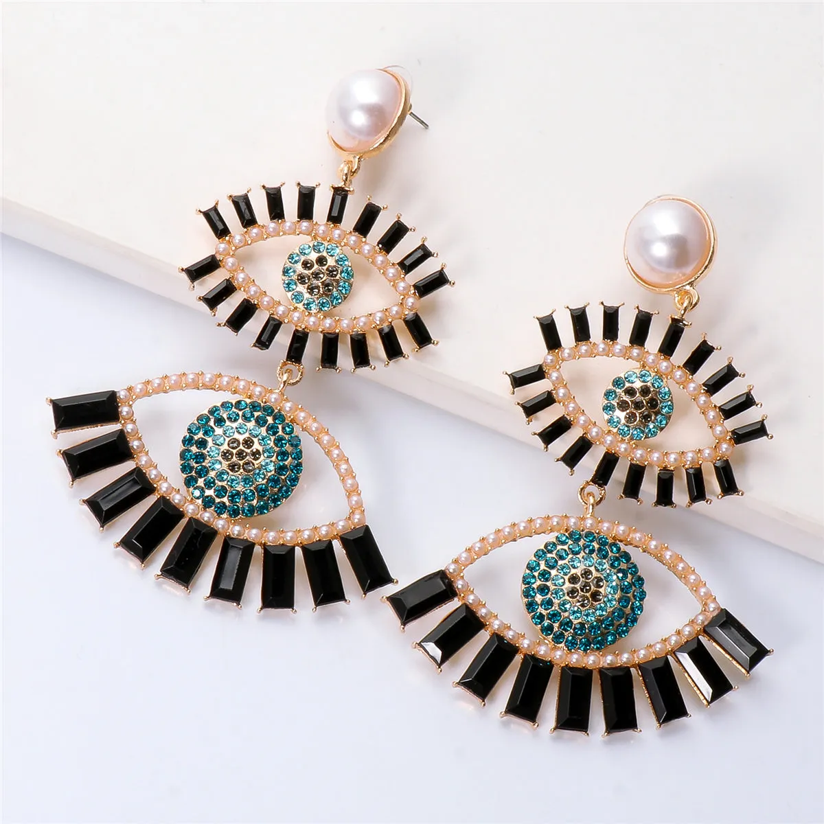 Black Crystal & Cubic Zirconia Evil Eye Drop Earrings
