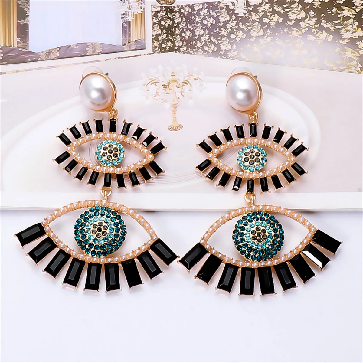 Black Crystal & Cubic Zirconia Evil Eye Drop Earrings