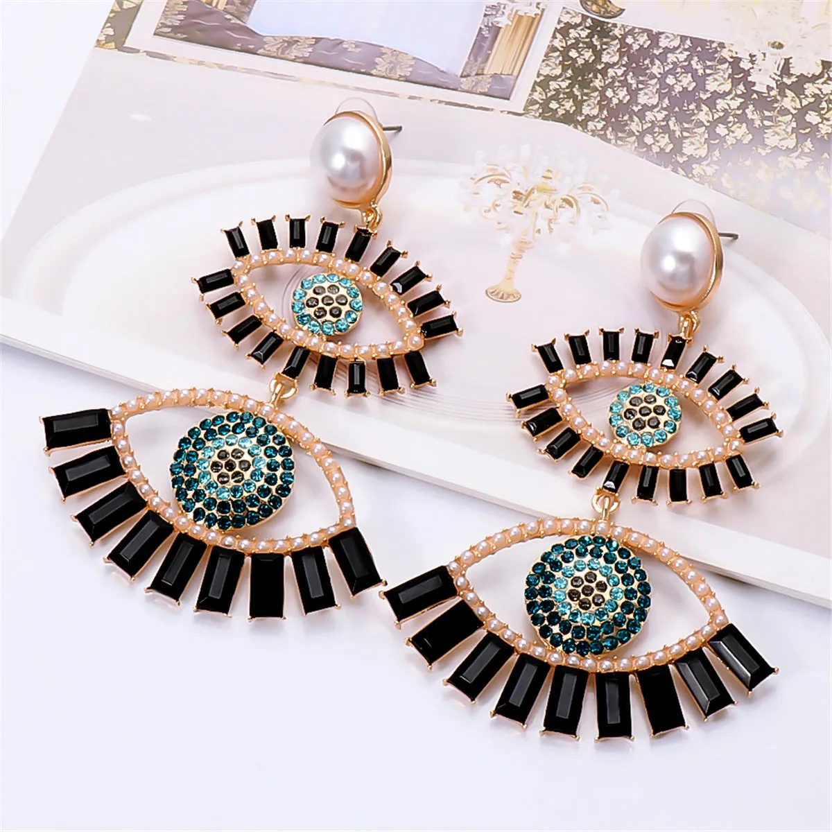 Black Crystal & Cubic Zirconia Evil Eye Drop Earrings