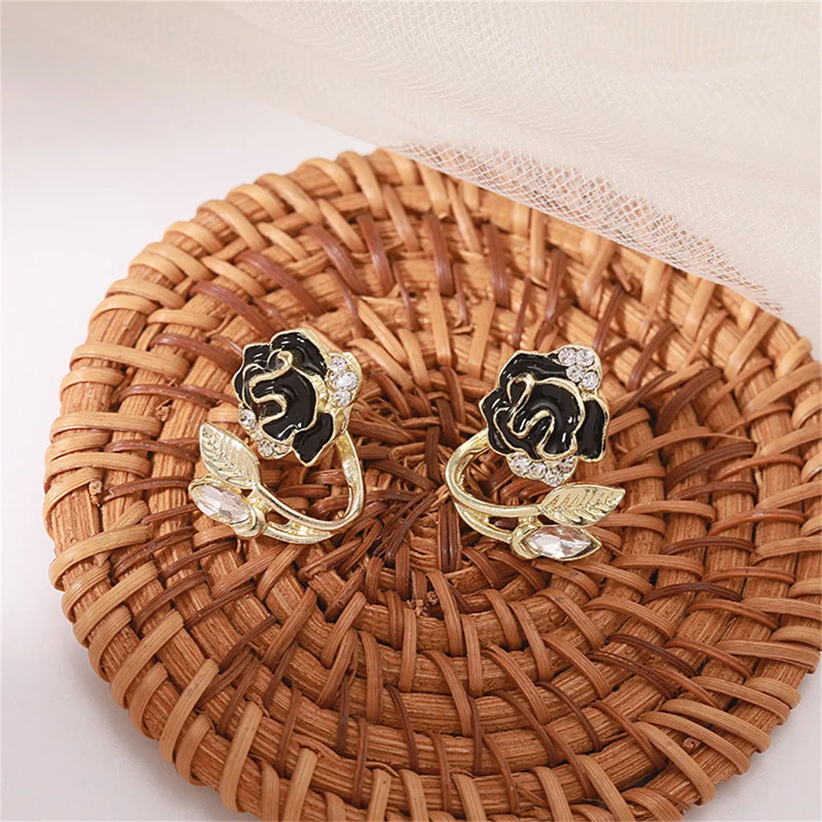 Black Enamel & Crystal Flower Ear Jacktes