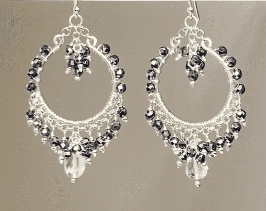 Black Gemstone Chandelier Hoop Earrings Sterling Silver